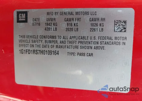 2017 Chevrolet Camaro Lt z USA, uszkodzony, nr VIN 1G1FD1RS7H0109164